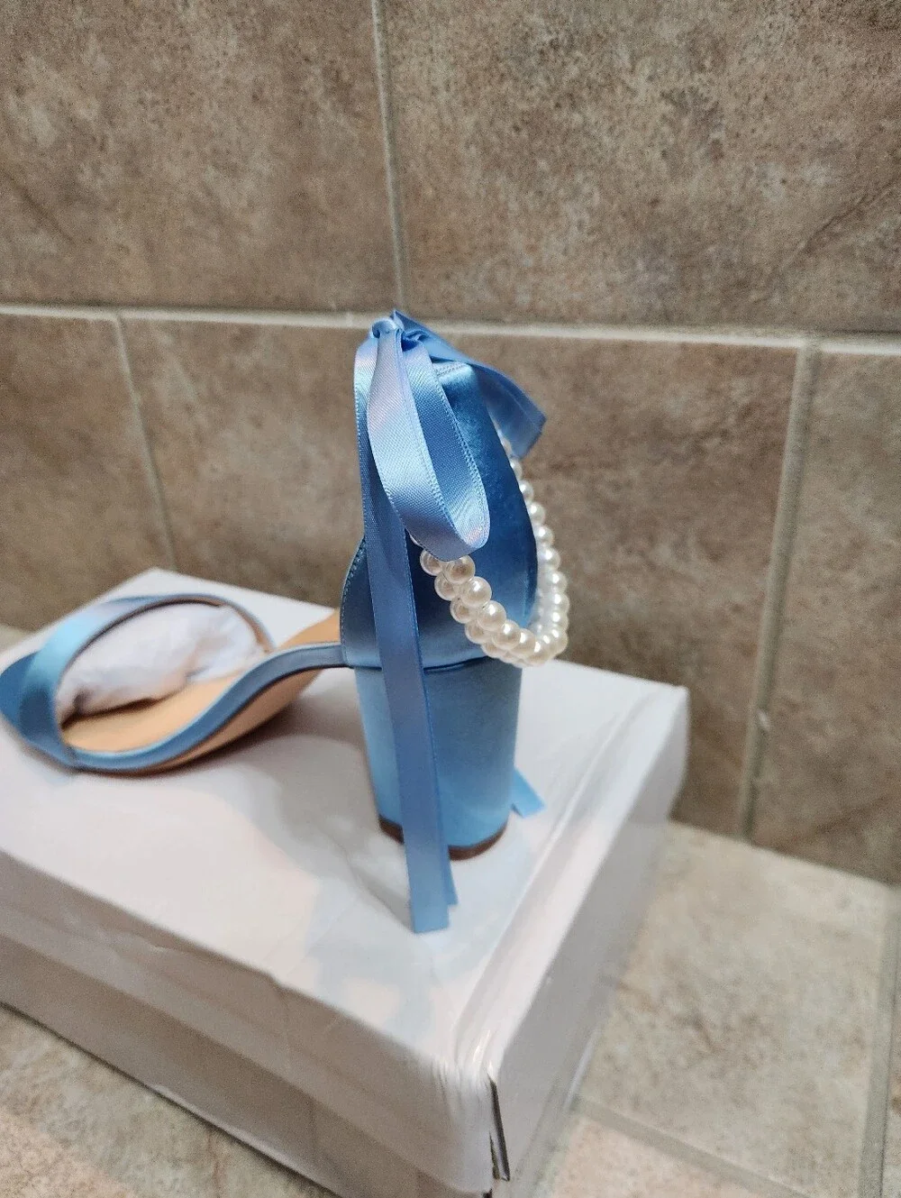 Satin Blue Block Heel Sandal with Pearl Ankle Tie